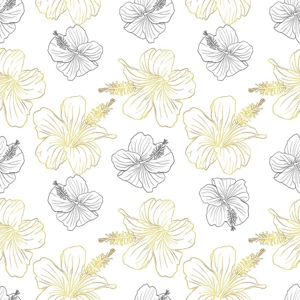 Hibiscus çiçeği deseni tekstil tasarımı, hatıra defteri, duvar kağıdı için kusursuz desen. Çizgi sanatı siyah ve altın el çizilmiş tropikal çiçek arkaplanı
