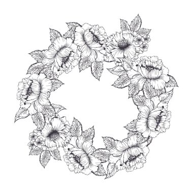 Çiçekli çelenk, ortanca ve şakayık çiçekli. Satır sanatı küçük çiçek kart ya da davet için yapraklar, boyama sayfası