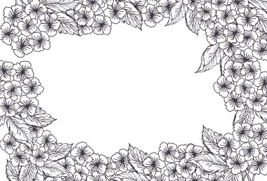 Tek renkli ortanca çiçekli bahar yatay çelenk afişi. Satır sanatı küçük çiçek kart ya da davet için yapraklar, boyama sayfası