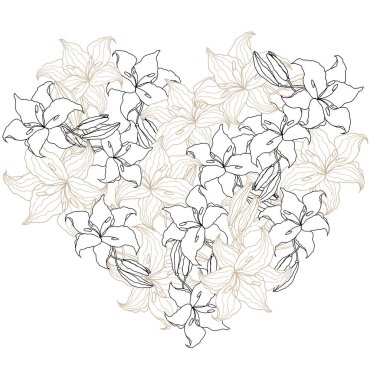Lillie line Art Flowers Heart çelengi düğün kartı ya da davetiyeler için. El çizimi vektör çizimi şablonu