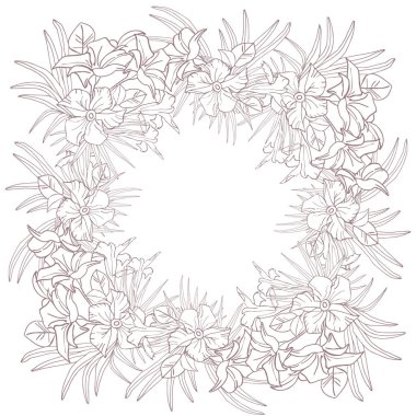 Yasemin çiçeği ve palmiye yaprakları kart, davetiye, hatıra defteri ya da duvar kağıdı için sanat çerçevesi. Narin tropikal çiçek, vektör arkaplan.