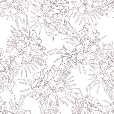 Yasemin çiçeği ve palmiye yaprakları tekstil, albüm ya da duvar kağıdı için kusursuz çizgiler çiziyor. Narin tropikal çiçek, vektör arkaplan.