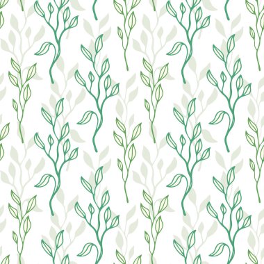 Yeşil yapraklar sade yeşil desenli. Tekstil tasarımı, kumaş, hatıra defteri kağıdı, duvar kâğıdı için çizgi sanat dalı.