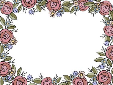 Üzerinde pembe güller, mavi çiçekler, sarı papatyalar ve beyaz arka planda yeşil yapraklar olan kare bir çiçek demeti. Davetiyeler, tebrik kartları ve dekoratif tasarımlar için ideal