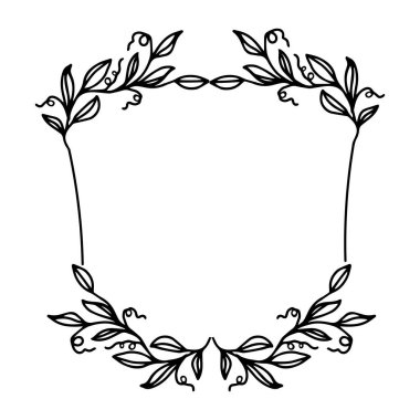 Çiçekli sarmaşık yapraklı arma çelengi. El çizimi yeşillik elementleri.