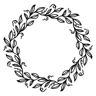 Çiçek yapraklı çelenk. El çizimi yeşillik siyah beyaz elementler.