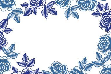 Beyaz arkaplanı olan mavi ve beyaz bir çiçek tasarımı. Mavi ve beyaz çiçekler üst üste binen bazı çiçeklerle daire şeklinde dizilir. Tasarım bir sakinlik hissi veriyor.