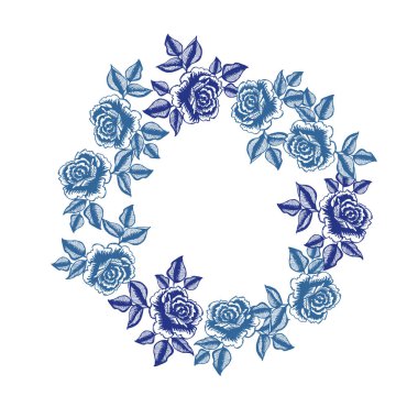 Mavi pembe güller yuvarlak çerçeve. Kart veya davet için çiçek çelengi