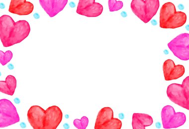 Kart, davet, hatıra defteri ya da kapak için elle çizilmiş vektör resimli suluboya kalpler çerçevesi. Sevgililer Günü dekorasyonu için sevimli vektör arkaplanı