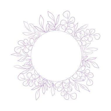 Floral round wreath, greenery hand drawn leaves for design