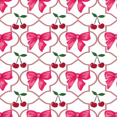 Pembe coquette papyonları ve yeşil yapraklı küçük kırmızı kiraz kümeleri, pürüzsüz desenler. Yay ve kiraz tasarımları eşit aralıklarla paketlenir.