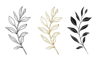 Palmiye yaprakları çizgi sanatı, siluet ve simli basit el çizimi vektör çizimi seti, beyaz arkaplanda izole.