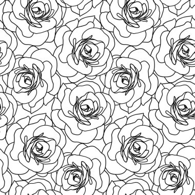 Kamelya çiçeği, tekstil ya da duvar kağıdı için pürüzsüz desen. Vektör illüstrasyonu, siyah beyaz çiçek arkaplanı.