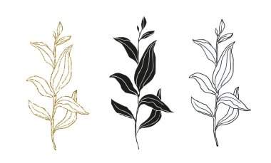 Palmiye yaprakları çizgi sanatı, siluet ve simli basit el çizimi vektör çizimi seti, beyaz arkaplanda izole.