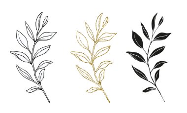 Palmiye yaprakları çizgi sanatı, siluet ve simli basit el çizimi vektör çizimi seti, beyaz arkaplanda izole.