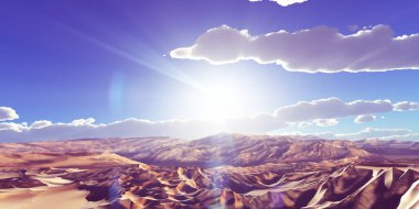 Çölde kum tepeleri batıyor. 3d resimleme