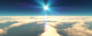 Bulutların üzerinde uç günbatımı manzarası. 3d resimleme