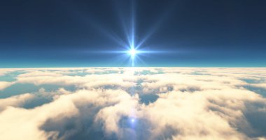 Bulutların üzerinde uç günbatımı manzarası. 3d resimleme