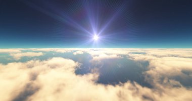 Bulutların üzerinde uç günbatımı manzarası. 3d resimleme