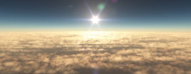 Bulutların üzerinde uç günbatımı manzarası, üç boyutlu resimleme