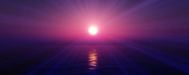 Gün batımı deniz ışığı gökyüzü berrak, üç boyutlu resimleme