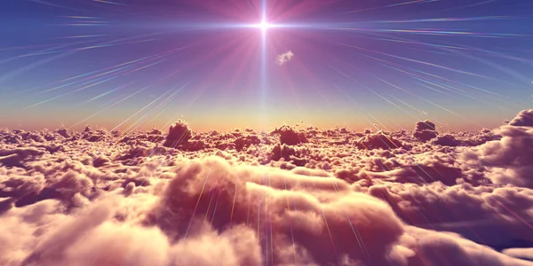 Volar Por Encima Nubes Puesta Del Sol Paisaje Ilustración Renderizado — Foto de Stock
