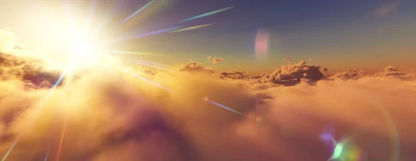 stock image above clouds fly sunset sun ray illustration, 3d render