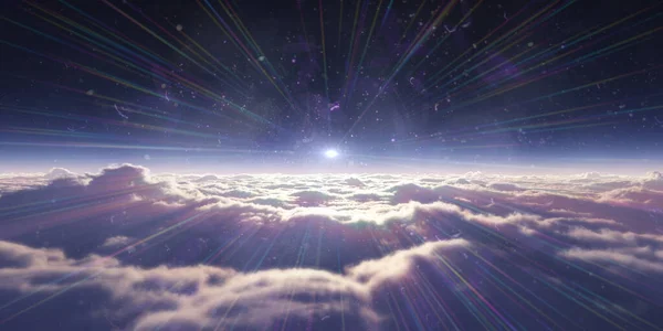 Álom Repülni Felhők Felett Sugár Fény Renderelés Illusztráció — Stock Fotó
