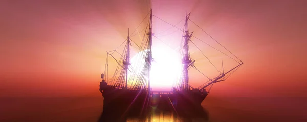 Stará Loď Západ Slunce Moři Vykreslování Ilustrace — Stock fotografie