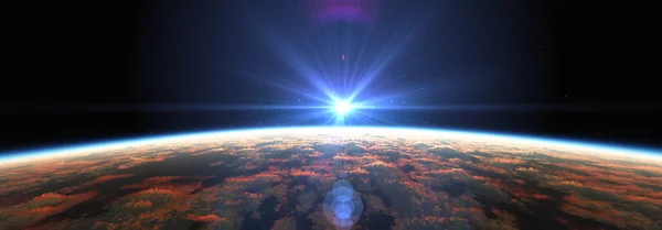 曇った海の上の宇宙からの地球の日の出 3Dレンダリング図 — ストック写真