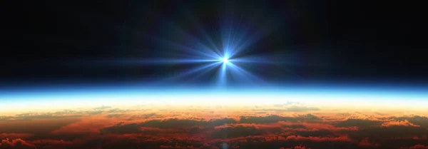 Земля Восходит Космоса Над Облачным Океаном Трехмерная Иллюстрация — стоковое фото