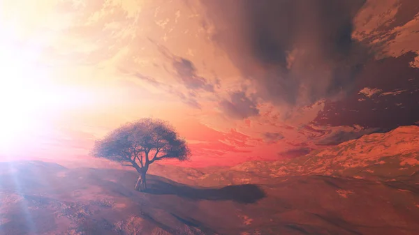 sunset at meadow and lonely tree, 3d render illustration