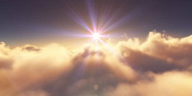 Bulutların üzerinde gün doğumu güneş ışığı çizimi, 3 boyutlu görüntüleme