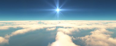 Bulutların üzerinde uç günbatımı manzarası. 3d resimleme