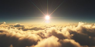 Bulutların üzerinde gün doğumu güneş ışığı çizimi, 3 boyutlu görüntüleme