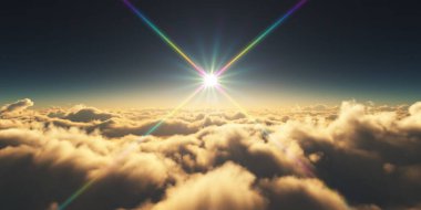 Bulutların üzerinde gün doğumu güneş ışığı çizimi, 3 boyutlu görüntüleme