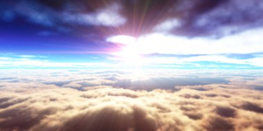 Bulutların üzerinde günbatımı güneş ışığı illüstrasyonu, 3 boyutlu görüntüleme