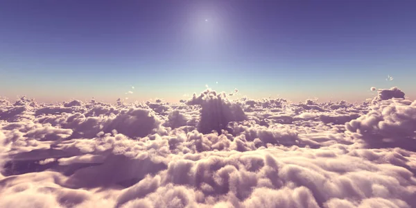 stock image fly above clouds sunset landscape, 3d render illustration