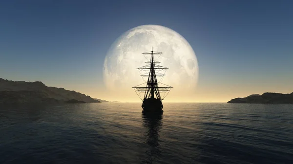 Vasul Vechi Mare Luna Plină Ilustrare Redare — Fotografie, imagine de stoc