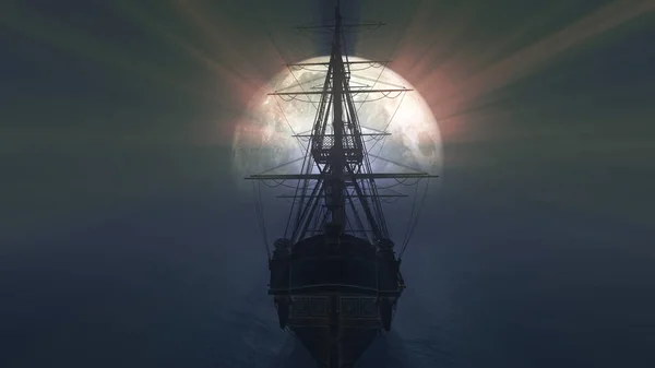 Denizde Eski Bir Gemi Dolunay Çizimi — Stok fotoğraf