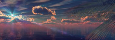 Gün batımı deniz palmiyesi çizimi, 3D görüntüleme