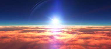 Bulutların üzerinde günbatımı güneş ışığı illüstrasyonu, 3 boyutlu görüntüleme