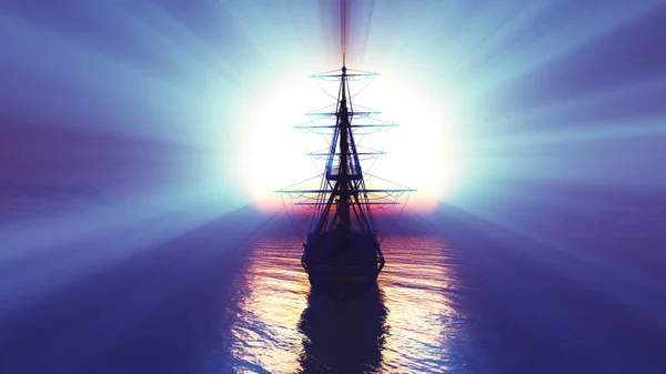 Velho Navio Pôr Sol Mar Ilustração Renderização — Fotografia de Stock