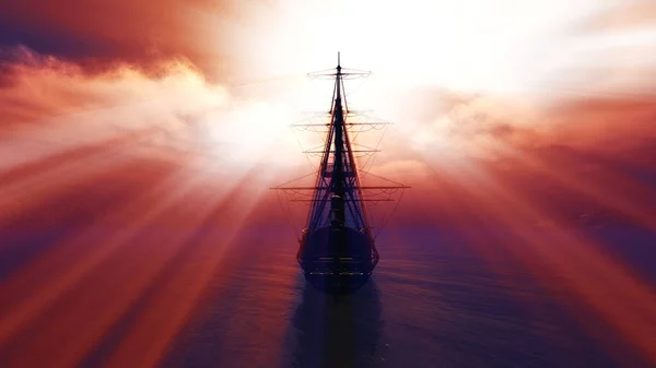 海のイラストで古い船の夕日3Dレンダリング — ストック写真