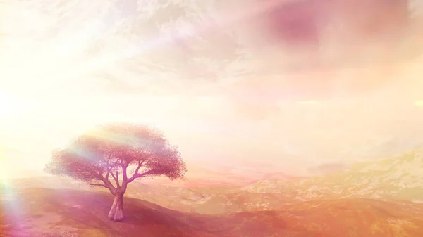 Sunset Meadow Lonely Tree Render Illustration Stok Gambar