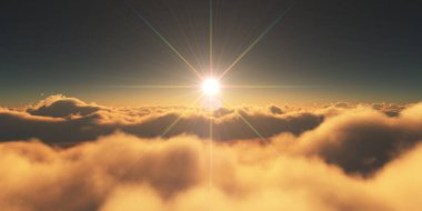 Bulutların üzerinde gün doğumu güneş ışığı çizimi, 3 boyutlu görüntüleme