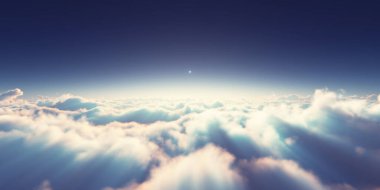 Bulutların üzerinde gün doğumu güneş ışığı çizimi, 3 boyutlu görüntüleme