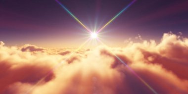 Bulutların üzerinde gün doğumu güneş ışığı çizimi, 3 boyutlu görüntüleme