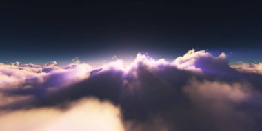 Bulutların üzerinde gün doğumu güneş ışığı çizimi, 3 boyutlu görüntüleme