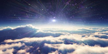 Bulutların üzerinde gün doğumu güneş ışığı çizimi, 3 boyutlu görüntüleme